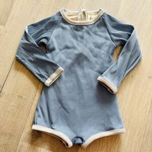 Zulu & Zephyr Ribbed Dusty Blue Long Sleeve Swimsuit with white/cream Trim